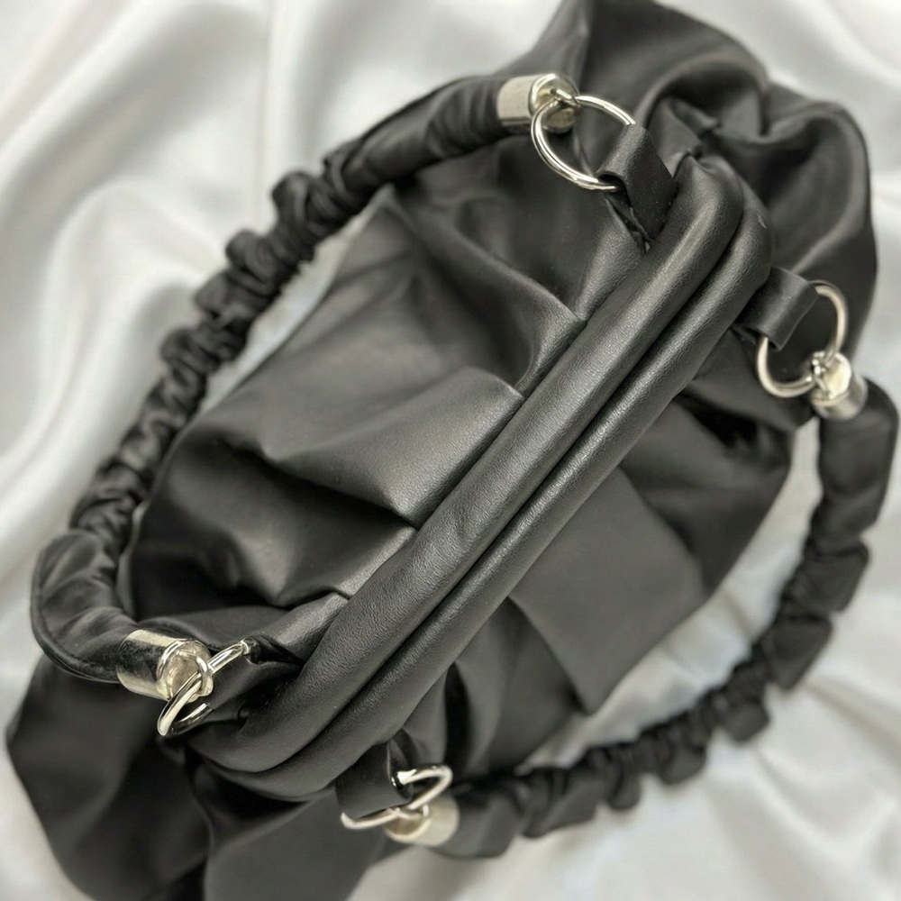 Black Ruched Top Handle Dumpling Bag Soft Vegan Leather Cloud Purse - Picture 4 of 7